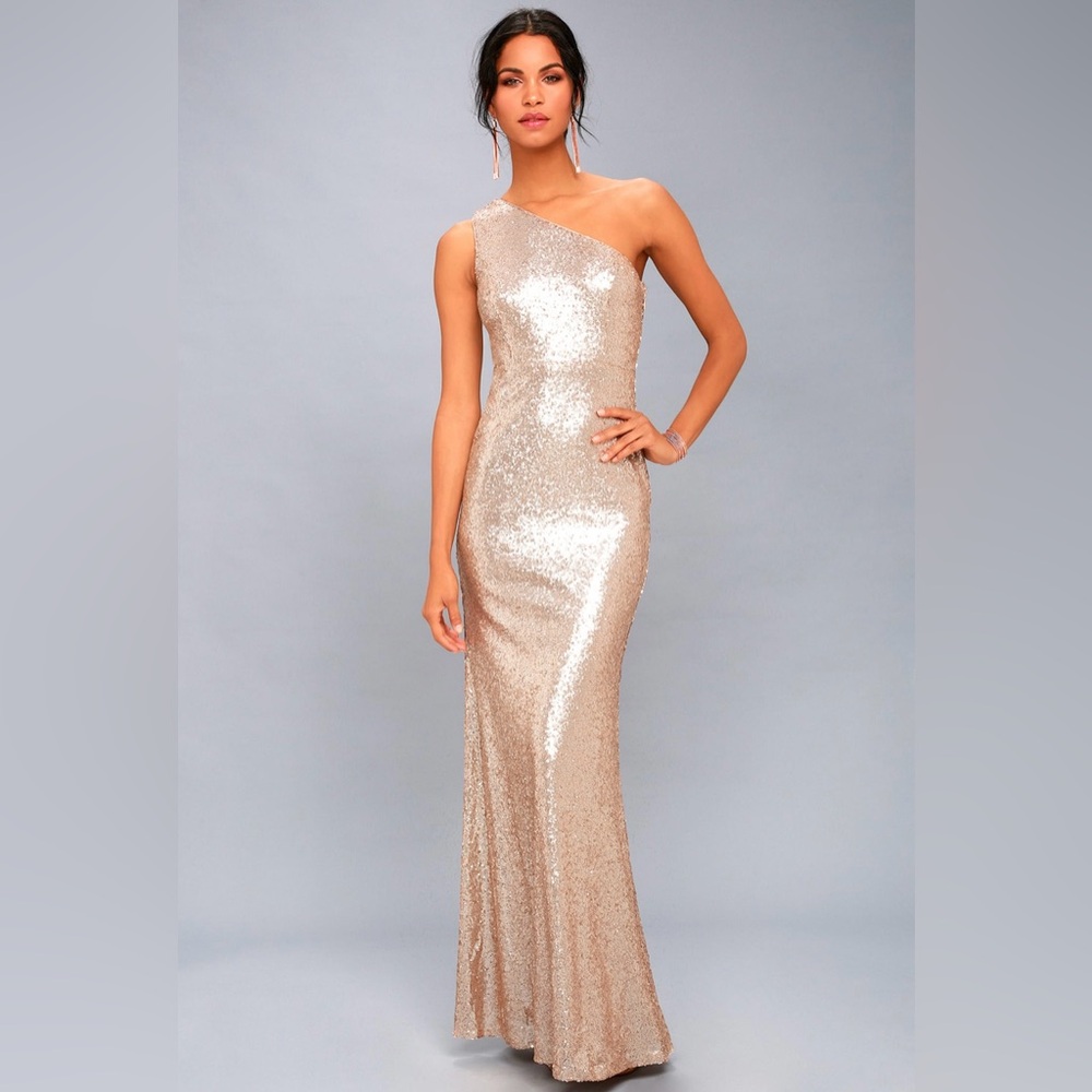 Matte Rose Gold Sequin One-shoulder Maxi Dress